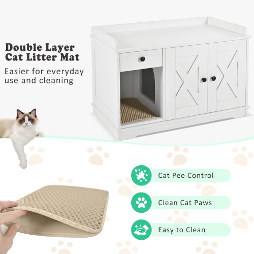 Cat Litter Box Enclosure, Litter Box Furniture Hidden With Cat Litter Mat, Indoor Cat House With Storage Drawer Side Table, Farmhouse Style Cat Box Cabinet For Living Room, White