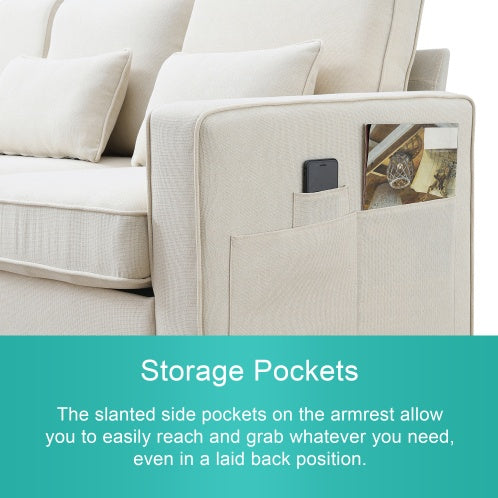 (New) 104" 4-Seater Modern Linen Fabric Sofa With Armrest Pockets And 4 Pillows