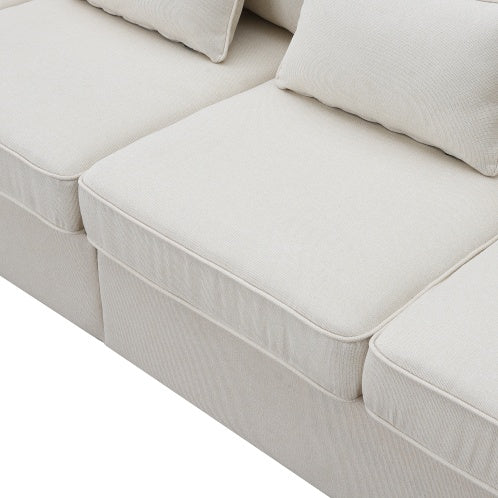 (New) 104" 4-Seater Modern Linen Fabric Sofa With Armrest Pockets And 4 Pillows