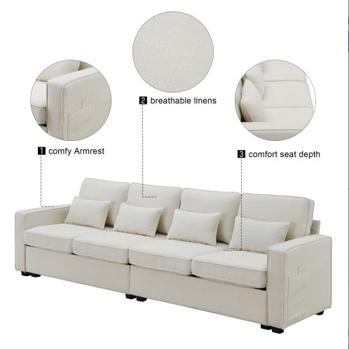 (New) 104" 4-Seater Modern Linen Fabric Sofa With Armrest Pockets And 4 Pillows