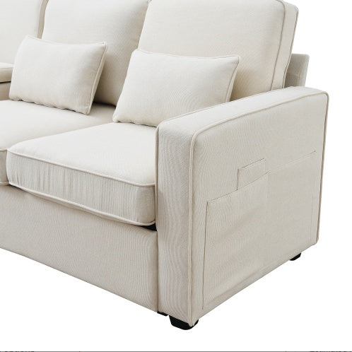 (New) 104" 4-Seater Modern Linen Fabric Sofa With Armrest Pockets And 4 Pillows
