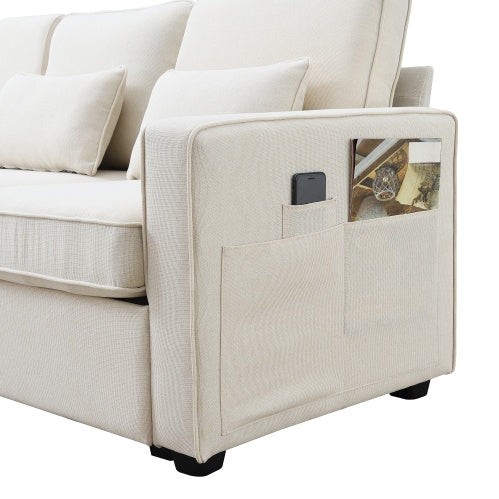 (New) 104" 4-Seater Modern Linen Fabric Sofa With Armrest Pockets And 4 Pillows