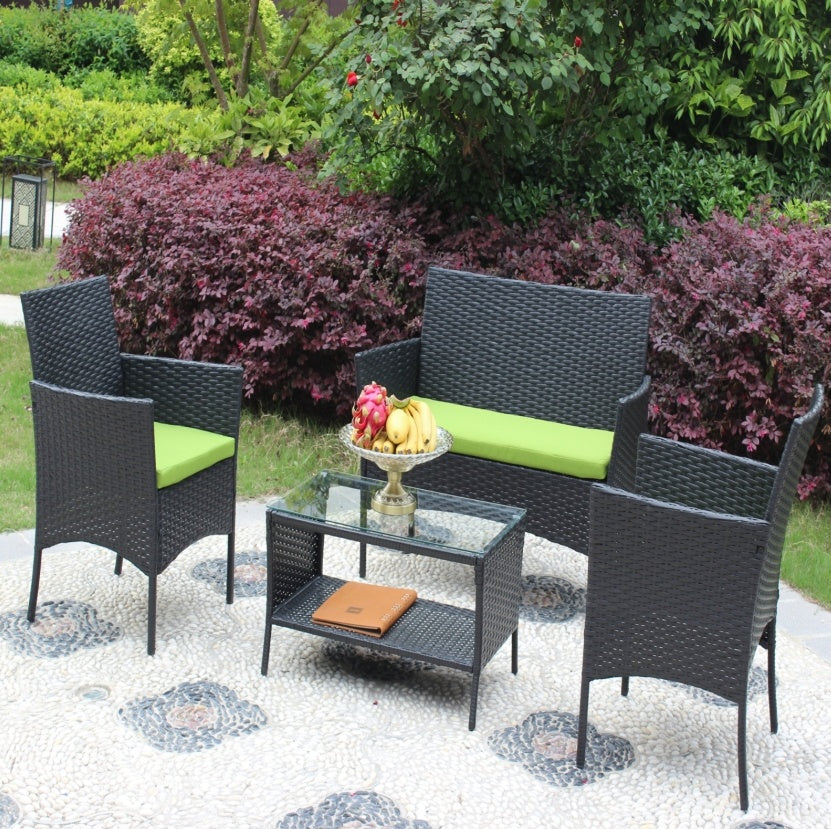 4PC Rattan Patio Furniture Set Outdoor Wicker Sofa W Green Cushions