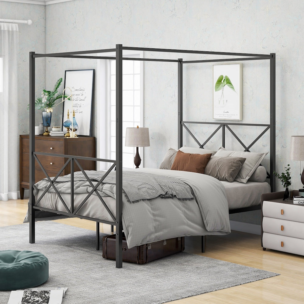 Metal Canopy Bed Frame, Platform Bed Frame With X Shaped Frame Full Black