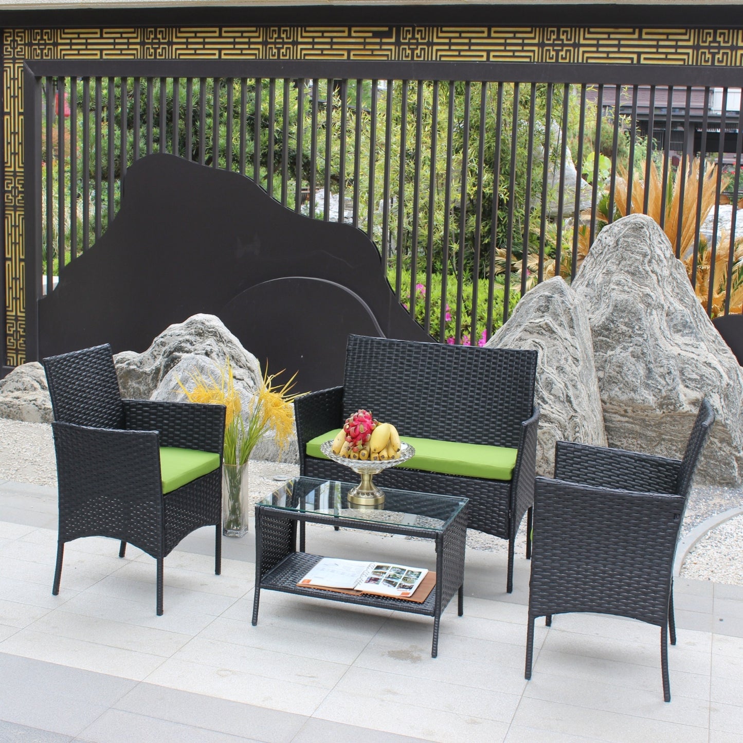 4PC Rattan Patio Furniture Set Outdoor Wicker Sofa W Green Cushions