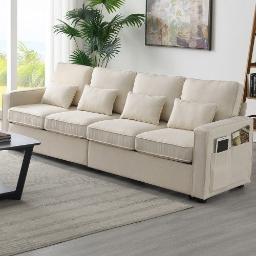 (New) 104" 4-Seater Modern Linen Fabric Sofa With Armrest Pockets And 4 Pillows