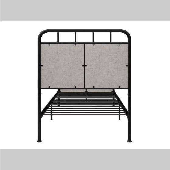 Double Linen Upholstered Platform Metal Bed Frame with Fabric Headboard and Footrests