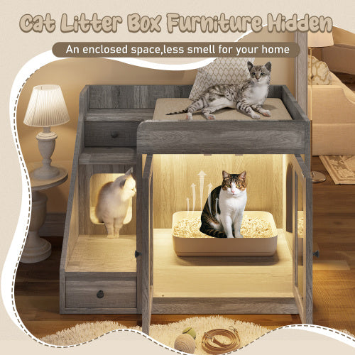 Cat Litter Box Enclosure With Light , Hidden Litter Box Furniture With 2 Storage Drawers, Indoor Cat House Side Table For Living Room