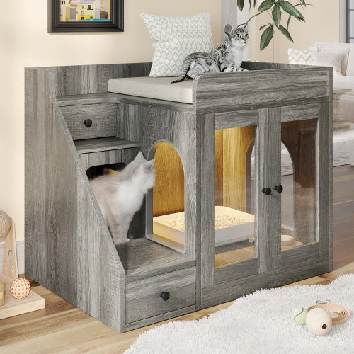 Cat Litter Box Enclosure With Light , Hidden Litter Box Furniture With 2 Storage Drawers, Indoor Cat House Side Table For Living Room