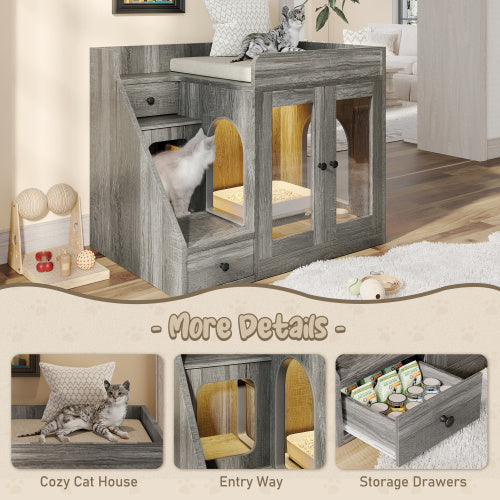 Cat Litter Box Enclosure With Light , Hidden Litter Box Furniture With 2 Storage Drawers, Indoor Cat House Side Table For Living Room