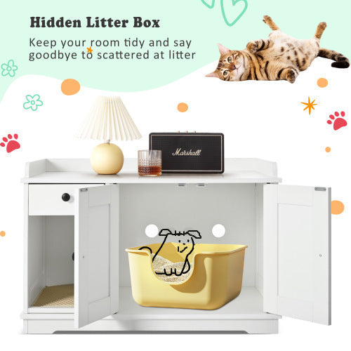 Cat Litter Box Enclosure, Litter Box Furniture Hidden With Cat Litter Mat, Indoor Cat House With Storage Drawer Side Table, Farmhouse Style Cat Box Cabinet For Living Room, White