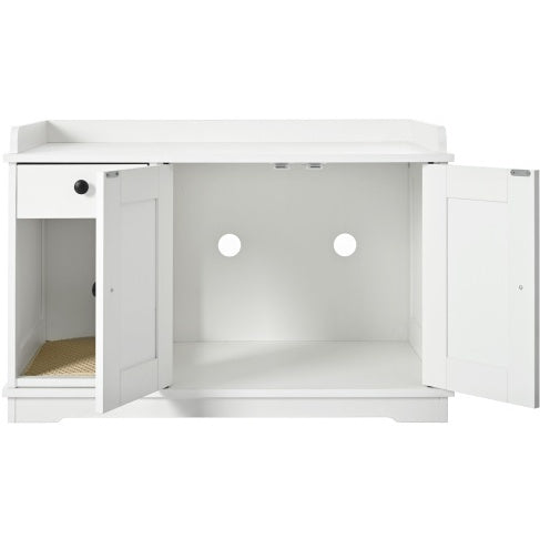 Cat Litter Box Enclosure, Litter Box Furniture Hidden With Cat Litter Mat, Indoor Cat House With Storage Drawer Side Table, Farmhouse Style Cat Box Cabinet For Living Room, White