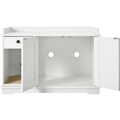 Cat Litter Box Enclosure, Litter Box Furniture Hidden With Cat Litter Mat, Indoor Cat House With Storage Drawer Side Table, Farmhouse Style Cat Box Cabinet For Living Room, White