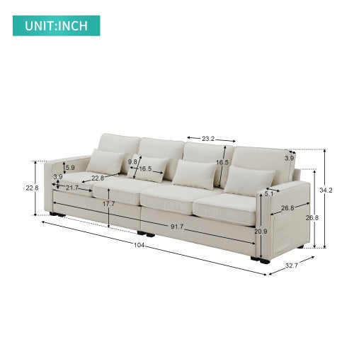 (New) 104" 4-Seater Modern Linen Fabric Sofa With Armrest Pockets And 4 Pillows