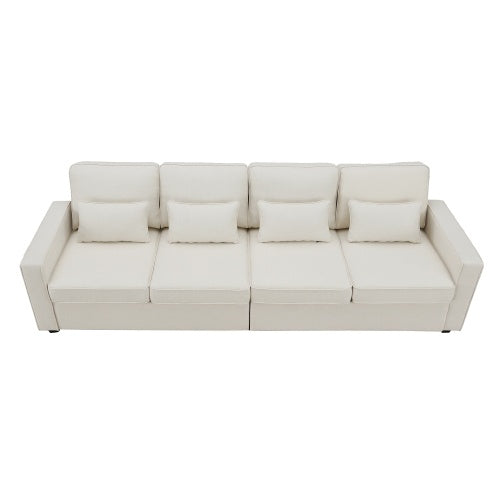 (New) 104" 4-Seater Modern Linen Fabric Sofa With Armrest Pockets And 4 Pillows
