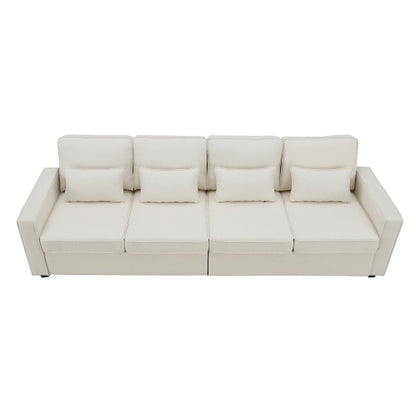 (New) 104" 4-Seater Modern Linen Fabric Sofa With Armrest Pockets And 4 Pillows