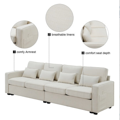 (New) 104" 4-Seater Modern Linen Fabric Sofa With Armrest Pockets And 4 Pillows