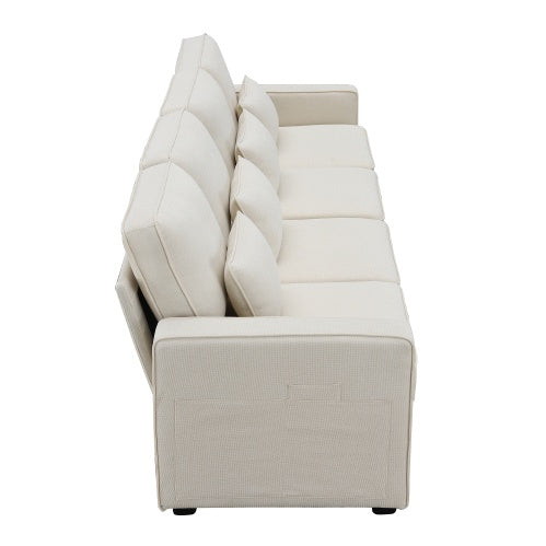 (New) 104" 4-Seater Modern Linen Fabric Sofa With Armrest Pockets And 4 Pillows