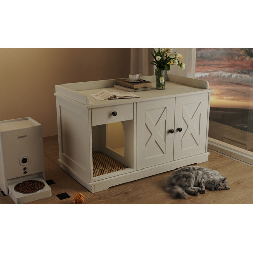 Cat Litter Box Enclosure, Litter Box Furniture Hidden With Cat Litter Mat, Indoor Cat House With Storage Drawer Side Table, Farmhouse Style Cat Box Cabinet For Living Room, White