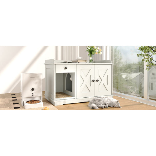 Cat Litter Box Enclosure, Litter Box Furniture Hidden With Cat Litter Mat, Indoor Cat House With Storage Drawer Side Table, Farmhouse Style Cat Box Cabinet For Living Room, White