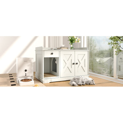 Cat Litter Box Enclosure, Litter Box Furniture Hidden With Cat Litter Mat, Indoor Cat House With Storage Drawer Side Table, Farmhouse Style Cat Box Cabinet For Living Room, White