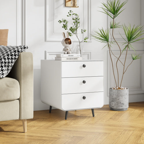 Modern Night Stand Storage Cabinet For Living Room Bedroom, Steel Cabinet With 3 Drawers, Bedside Furniture, Circular Handle