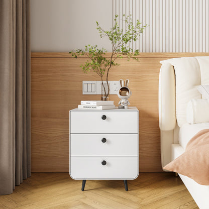 Modern Night Stand Storage Cabinet For Living Room Bedroom, Steel Cabinet With 3 Drawers, Bedside Furniture, Circular Handle