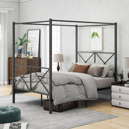 Metal Canopy Bed Frame, Platform Bed Frame With X Shaped Frame Full Black