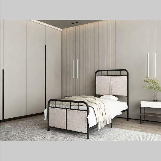 Double Linen Upholstered Platform Metal Bed Frame with Fabric Headboard and Footrests