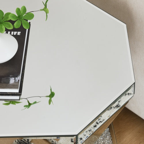Drum Style Coffee Table With Mirror Crystal Inlay, Polygonal Silver Decorative Table, Modern Design Luxury Modern Furniture, 20 Inch  About 50 Centimeters  Low Coffee Table, Suitable For Living Room