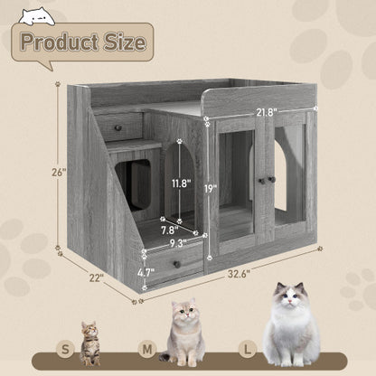 Cat Litter Box Enclosure With Light , Hidden Litter Box Furniture With 2 Storage Drawers, Indoor Cat House Side Table For Living Room
