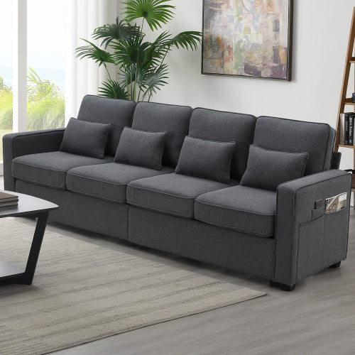 (New) 104" 4-Seater Modern Linen Fabric Sofa With Armrest Pockets And 4 Pillows
