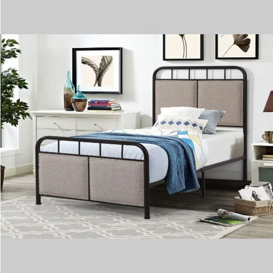 Double Linen Upholstered Platform Metal Bed Frame with Fabric Headboard and Footrests