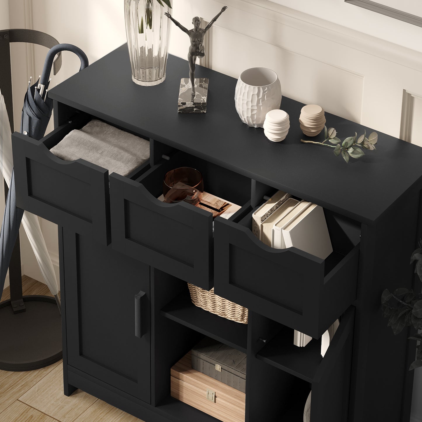 Wooden Floor Cabinet, Storage Cabinet With Drawers And Shelves