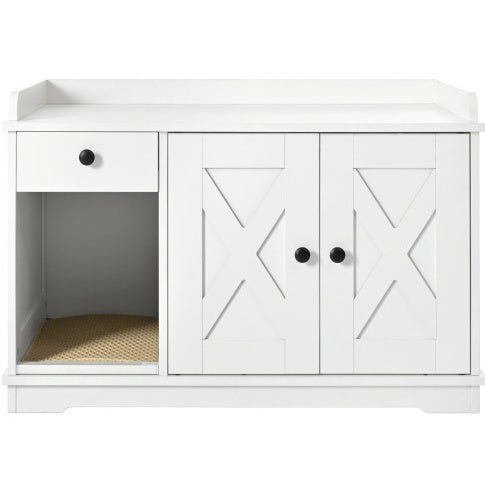Cat Litter Box Enclosure, Litter Box Furniture Hidden With Cat Litter Mat, Indoor Cat House With Storage Drawer Side Table, Farmhouse Style Cat Box Cabinet For Living Room, White