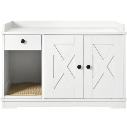 Cat Litter Box Enclosure, Litter Box Furniture Hidden With Cat Litter Mat, Indoor Cat House With Storage Drawer Side Table, Farmhouse Style Cat Box Cabinet For Living Room, White