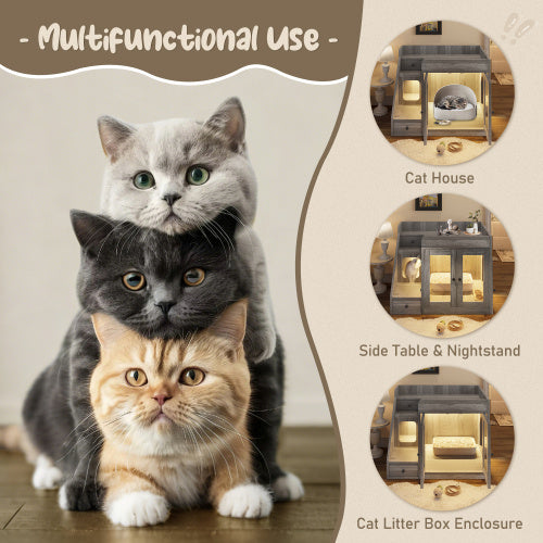 Cat Litter Box Enclosure With Light , Hidden Litter Box Furniture With 2 Storage Drawers, Indoor Cat House Side Table For Living Room
