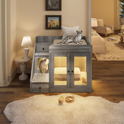Cat Litter Box Enclosure With Light , Hidden Litter Box Furniture With 2 Storage Drawers, Indoor Cat House Side Table For Living Room