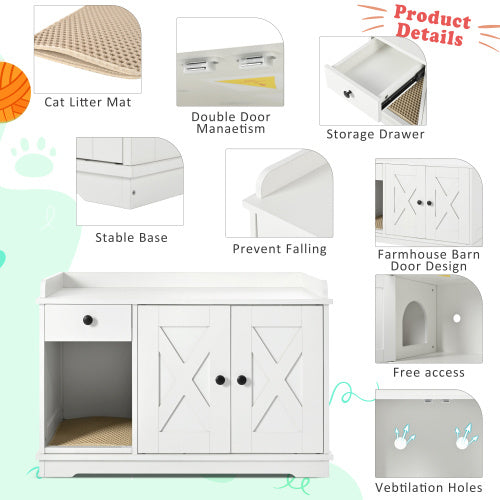 Cat Litter Box Enclosure, Litter Box Furniture Hidden With Cat Litter Mat, Indoor Cat House With Storage Drawer Side Table, Farmhouse Style Cat Box Cabinet For Living Room, White
