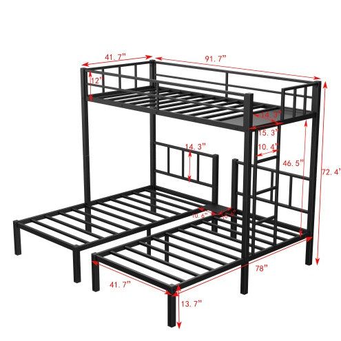 Twin Over Twin Twin Bunk Beds For 3, XL Metal Triple Bunk Bed