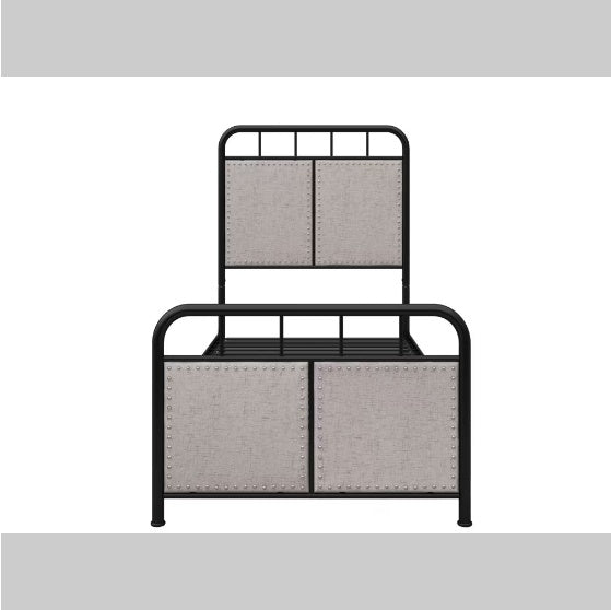 Double Linen Upholstered Platform Metal Bed Frame with Fabric Headboard and Footrests