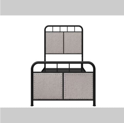 Double Linen Upholstered Platform Metal Bed Frame with Fabric Headboard and Footrests