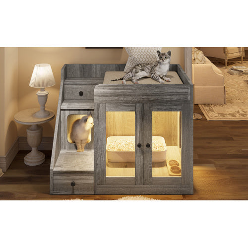 Cat Litter Box Enclosure With Light , Hidden Litter Box Furniture With 2 Storage Drawers, Indoor Cat House Side Table For Living Room
