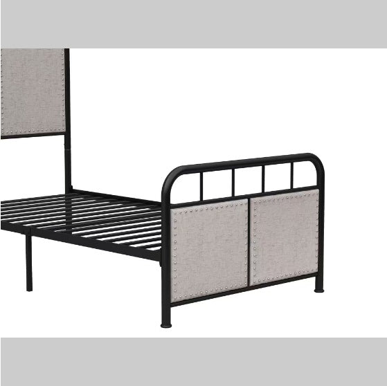 Double Linen Upholstered Platform Metal Bed Frame with Fabric Headboard and Footrests