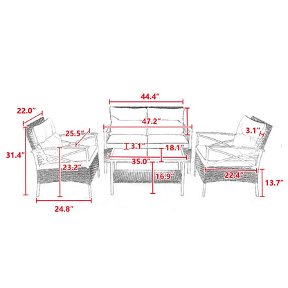 4-Piece Patio Sectional Low Dining Sofa Set - KD Rattan Wicker Outdoor Furniture