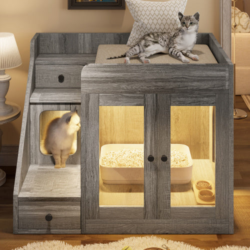 Cat Litter Box Enclosure With Light , Hidden Litter Box Furniture With 2 Storage Drawers, Indoor Cat House Side Table For Living Room