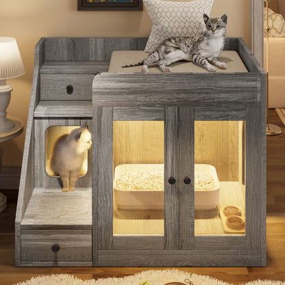 Cat Litter Box Enclosure With Light , Hidden Litter Box Furniture With 2 Storage Drawers, Indoor Cat House Side Table For Living Room