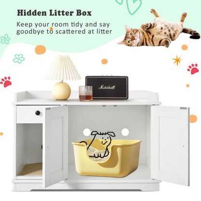 Cat Litter Box Enclosure, Litter Box Furniture Hidden With Cat Litter Mat, Indoor Cat House With Storage Drawer Side Table, Farmhouse Style Cat Box Cabinet For Living Room, White