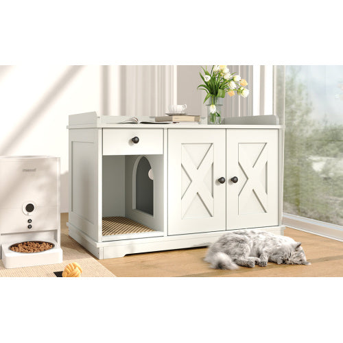 Cat Litter Box Enclosure, Litter Box Furniture Hidden With Cat Litter Mat, Indoor Cat House With Storage Drawer Side Table, Farmhouse Style Cat Box Cabinet For Living Room, White