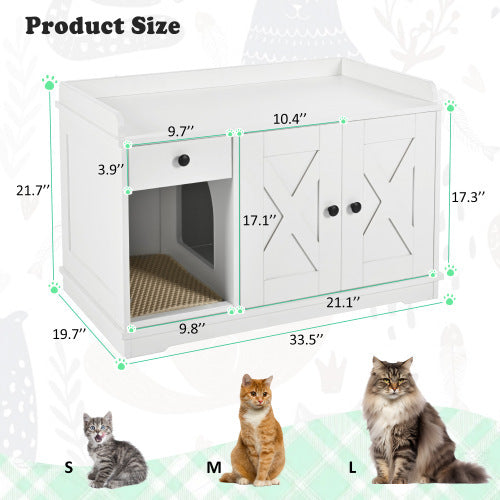 Cat Litter Box Enclosure, Litter Box Furniture Hidden With Cat Litter Mat, Indoor Cat House With Storage Drawer Side Table, Farmhouse Style Cat Box Cabinet For Living Room, White